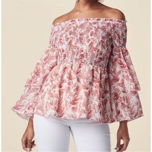 NEW Venus Boho Oversized Bell Sleeves OFF SHOULDER Babydoll Top Coral Reef Print